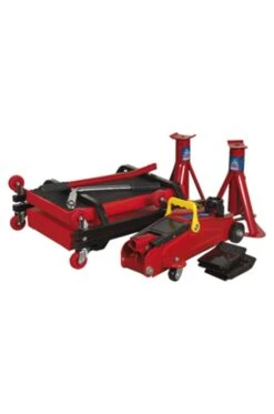 Sealey JKIT01 5pc Lifting Kit 2tonne (Inc. Jack, Axle Stands, Creeper, Chocks & Wrench) -Router Shop sealey jkit01 5pc lifting kit 2tonne inc jack axle stands creeper chocks wrench 1 2